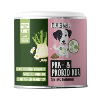 Grüner und pinker Behälter, beschriftet mit "Tierliebhaber Prä & Probio Kur für Hunde", mit haustierbezogenen Grafiken und natürlichen Zutaten.