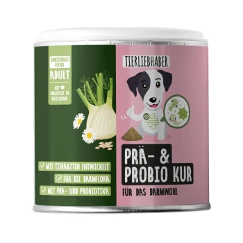 Grüner und pinker Behälter, beschriftet mit "Tierliebhaber Prä & Probio Kur für Hunde", mit haustierbezogenen Grafiken und natürlichen Zutaten.
