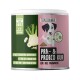 Grüner und pinker Behälter, beschriftet mit "Tierliebhaber Prä & Probio Kur für Hunde", mit haustierbezogenen Grafiken und natürlichen Zutaten.
