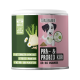 Grüner und pinker Behälter, beschriftet mit "Tierliebhaber Prä & Probio Kur für Hunde", mit haustierbezogenen Grafiken und natürlichen Zutaten.