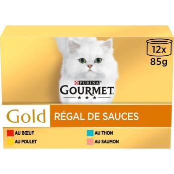 Boîte Purina Gourmet Gold avec chat blanc à poil long ; texte « RÉGAL DE SAUCES », « 12 x 85 g », saveurs « au bœuf, au poulet, au thon, au saumon »