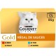 Boîte Purina Gourmet Gold avec chat blanc à poil long ; texte « RÉGAL DE SAUCES », « 12 x 85 g », saveurs « au bœuf, au poulet, au thon, au saumon »