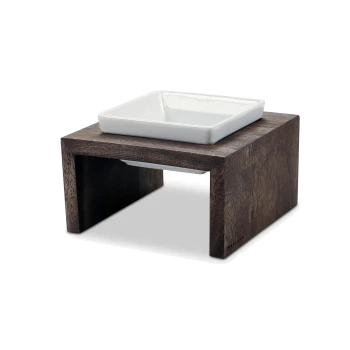 Erhöhter Futternapfständer aus dunklem Holz mit weißer quadratischer Keramikschale, modernes Einzelschalen-Design.