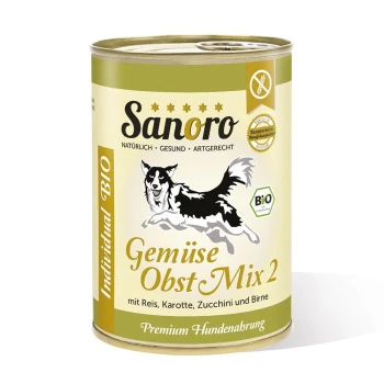 Dose Sanoro-Hundefutter mit einer schwarz-weißen Hundillustration, beschriftet mit "Gemüse Obst Mix 2" und Zutaten: Reis, Karotte, Zucchini und Birne.