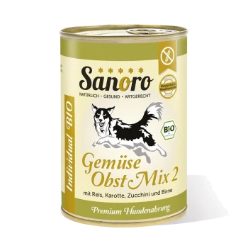 Dose Sanoro-Hundefutter mit einer schwarz-weißen Hundillustration, beschriftet mit "Gemüse Obst Mix 2" und Zutaten: Reis, Karotte, Zucchini und Birne.