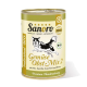 Dose Sanoro-Hundefutter mit einer schwarz-weißen Hundillustration, beschriftet mit "Gemüse Obst Mix 2" und Zutaten: Reis, Karotte, Zucchini und Birne.