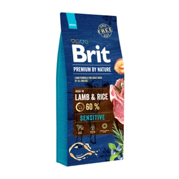 Torba z karmą dla psów oznaczona "Brit Premium by Nature," z formułą jagnięcina i ryż, 60% jagnięciny, oznaczona jako wrażliwa, bez GMO i bez soi.