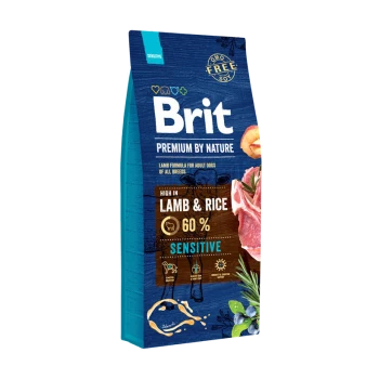 Hundefutterbeutel mit der Aufschrift "Brit Premium by Nature", mit einer Lamm- und Reisformel, 60% Lamm, als sensibel gekennzeichnet, GMO-frei und sojafrei.