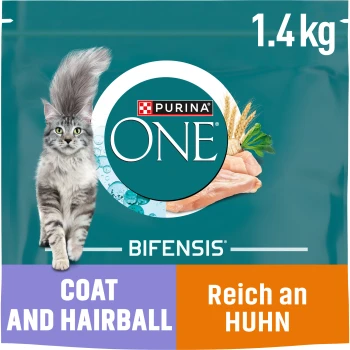Purina ONE Bifensis Katzenfutterbeutel, 1,4 kg, mit einer grauen Katze und Text, der die Vorteile "Fell und Haarballen" hervorhebt.