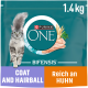 Purina ONE Bifensis Katzenfutterbeutel, 1,4 kg, mit einer grauen Katze und Text, der die Vorteile "Fell und Haarballen" hervorhebt.