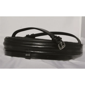 Schwarzes Leder-Halsband für Haustiere mit einer silbernen Schnalle, auf einer weißen Oberfläche liegend.