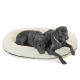 Zwei schwarze Labrador Retriever, die zusammen auf einem großen, runden, cremefarbenen Hundebett mit schwarzem Rand entspannen.