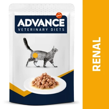 Emballage de nourriture pour chats Advance Veterinary Diets Renal présentant la silhouette d'un chat gris et une assiette de nourriture humide.