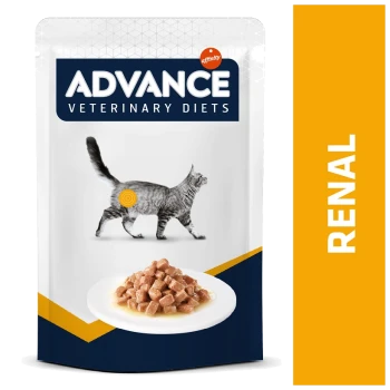 Emballage de nourriture pour chats Advance Veterinary Diets Renal présentant la silhouette d'un chat gris et une assiette de nourriture humide.