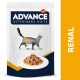 Emballage de nourriture pour chats Advance Veterinary Diets Renal présentant la silhouette d'un chat gris et une assiette de nourriture humide.