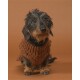 Ein süßer schwarz-brauner Dackel trägt einen gemütlichen braunen Strickpullover und sitzt vor einem warmen braunen Hintergrund.