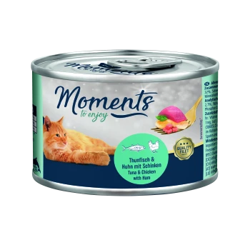 Cat food can featuring an orange cat lounging beside a can labeled "Moments to enjoy" with tuna and chicken with ham.