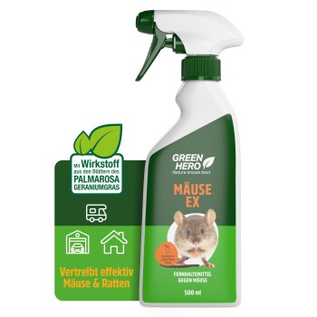 Eine Sprühflasche mit der Aufschrift "GREEN HERO Mäuse-EX" mit einer Mausgrafik, mit einem Qualitätssiegel "SEHR GUT", das eine Bewertung von 1,1 anzeigt.