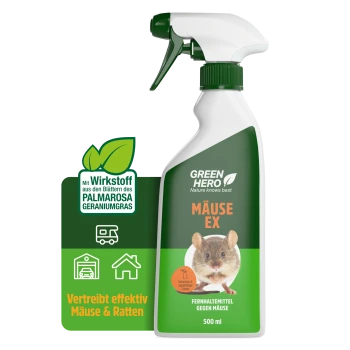 Eine Sprühflasche mit der Aufschrift "GREEN HERO Mäuse-EX" mit einer Mausgrafik, mit einem Qualitätssiegel "SEHR GUT", das eine Bewertung von 1,1 anzeigt.