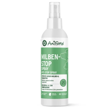 Flasche AniForte Milben-Stop Spray für Haustiere, beschriftet in Grün und Weiß, behauptet, effektiv gegen Milben und Parasiten zu kämpfen.