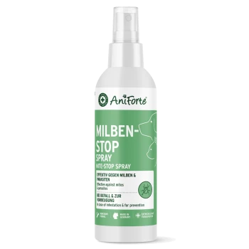 Flasche AniForte Milben-Stop Spray für Haustiere, beschriftet in Grün und Weiß, behauptet, effektiv gegen Milben und Parasiten zu kämpfen.