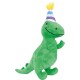 Green plush dinosaur toy wearing a striped party hat with yellow pom-pom, smiling, from an online pet store.