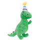 Green plush dinosaur toy wearing a striped party hat with yellow pom-pom, smiling, from an online pet store.