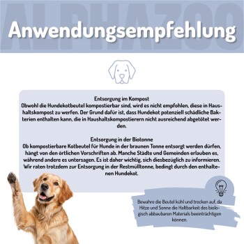 Nahaufnahme des Gesichts eines Hundes mit blauen Augen neben ALPHAZOO Müllsäcken, beschriftet mit "puppsäckchen" und dem Text "'CAUSE SH!T HAPPENS!"