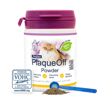 ProDen PlaqueOff Powder jar for cats with cat image, purple lid, '100% natural' badge, VOHC Accepted seal and blue scoop.