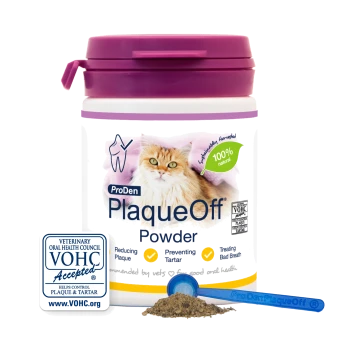 ProDen PlaqueOff Powder jar for cats with cat image, purple lid, '100% natural' badge, VOHC Accepted seal and blue scoop.