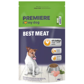 Premiere I love my dog Mini Adult Best Meat Hundefutter mit 42 % Geflügel, kleine Kroketten, 4 kg, Bild von Hund und Futternapf.