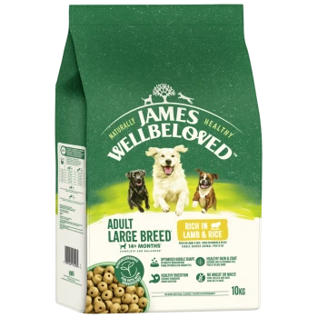 James Wellbeloved Adult Large Breed dog food bag, rich in lamb & rice, hypoallergenic, 10kg, for dogs 14+ months.