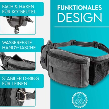 Grau Haustier-Hüfttasche mit Taschen für Hundekotbeutel, einem wasserdichten Handyfach und einem stabilen D-Ring zur Leinenbefestigung.