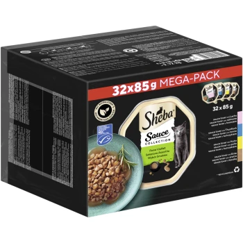 Sheba Sauce Collection Mega-Pack, enthält 32 x 85g Portionen von Gourmet-Katzenfutter in verschiedenen Geschmacksrichtungen, mit einer Schüssel mit Nassfutter gezeigt.