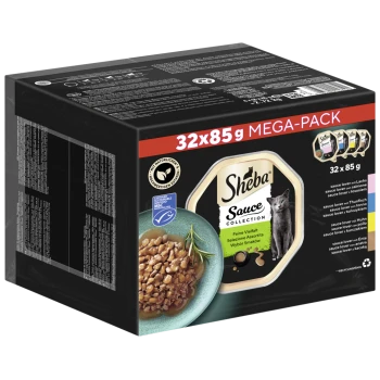 Sheba Sauce Collection Mega-Pack, enthält 32 x 85g Portionen von Gourmet-Katzenfutter in verschiedenen Geschmacksrichtungen, mit einer Schüssel mit Nassfutter gezeigt.