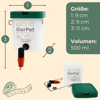 GarPet weiße Trinkflasche für Haustiere mit grünem Deckel und roter Düse, Ersatzteile gezeigt; sichtbare Texte 'GarPet', 'Volumen: 500 ml'.