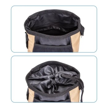 Zwei Bilder eines Haustierleckereienbeutels: einer offen mit schwarzem Innenfutter, der andere zugezogen.