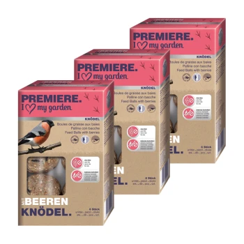 Trois boîtes de boules de nourriture pour oiseaux "Premiere I love my garden" avec des baies, présentant un oiseau sur une branche et des informations nutritionnelles.