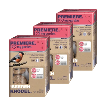 Trois boîtes de boules de nourriture pour oiseaux "Premiere I love my garden" avec des baies, présentant un oiseau sur une branche et des informations nutritionnelles.
