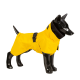 Ein schwarzer Schaufensterhund trägt einen leuchtend gelben Regenmantel mit einem schwarzen Kragen und verstellbarem Schnallenverschluss.
