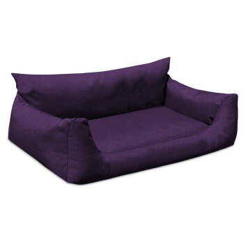 Lila Haustierbett mit einem weichen, gepolsterten Design und erhöhten Seiten für zusätzlichen Komfort.