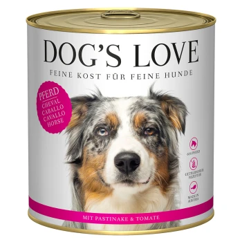 Blikvoeding voor honden 'DOG'S LOVE' met het gezicht van een Australian Shepherd, met 60% paardenvlees, pastinaak en tomaat ingrediënten.