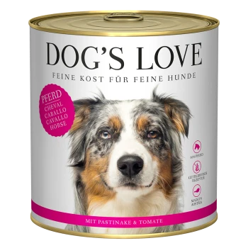 Dosenfutter für Hunde 'DOG'S LOVE' mit dem Gesicht eines Australian Shepherds, das 60% Pferdefleisch, Pastinake und Tomatenzutaten zeigt.
