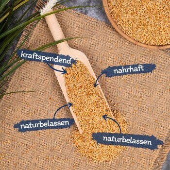 Eine Holzschaufel gefüllt mit goldenen Samen, auf einer Juteschicht platziert, mit Textetiketten, die "kraftspendend", "nahrhaft" und "naturbelassen" anzeigen.