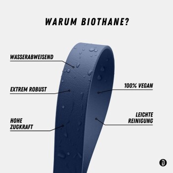 Nahaufnahme des Halses eines Hundes mit einem dunkelblauen Lederhalsband vor dem Hintergrund des Fells des Hundes.