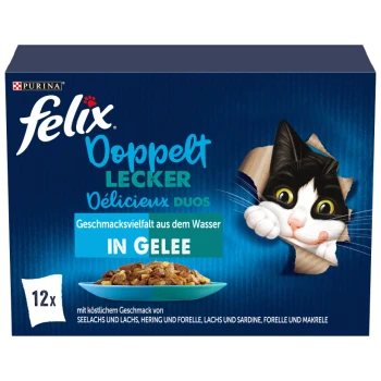 Felix Doppelt Lecker Katzenfutter in Gelee, 12er-Pack, mit Fischgeschmack, mit einer schwarz-weißen Katze, die durch Papier schaut.
