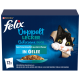 Felix Doppelt Lecker kattenvoer in gelei, 12-pack, met vis smaken, met een zwart-witte kat die door papier gluurt.