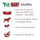 Die Verpackung von Fitt-BARF VitalMix zeigt eine Hundeschüssel, Silhouetten und Pflanzensymbole und betont getreidefreie, natürliche Inhaltsstoffe für alle Hunde.