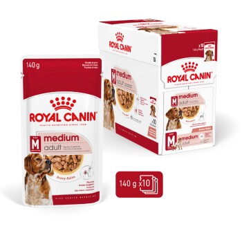 Royal Canin Medium Adult dog food packaging, featuring a 140g pouch and a box containing 10 pouches, with a dog image and nutritional claims.