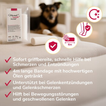 Haustierverbandprodukt "Murmel Wunder Wickel" mit 4 m langem ölgetränktem Verband, unterstützt Gelenkentzündungen, Schmerz- und Schwellungslinderung.